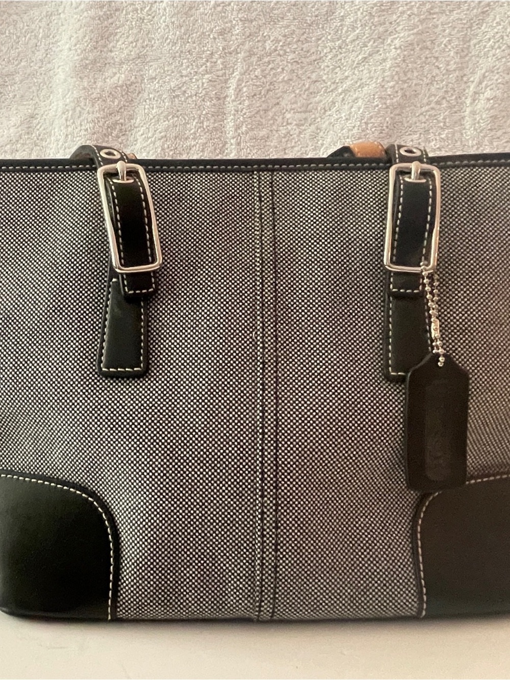 Coach Black and Gray Canvas Shoulder Bag with Leather Trim